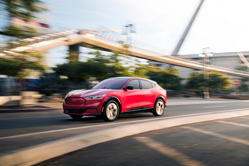 Image shows a red Mustang Mach-E