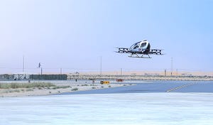 EHang's EH216-S pilotless electric vertical takeoff and landing vehicle flies in the air. 