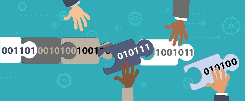 Illustration of human hands connecting blocks of data in a blockchain Illustration of human hands connecting blocks of data in a blockchain