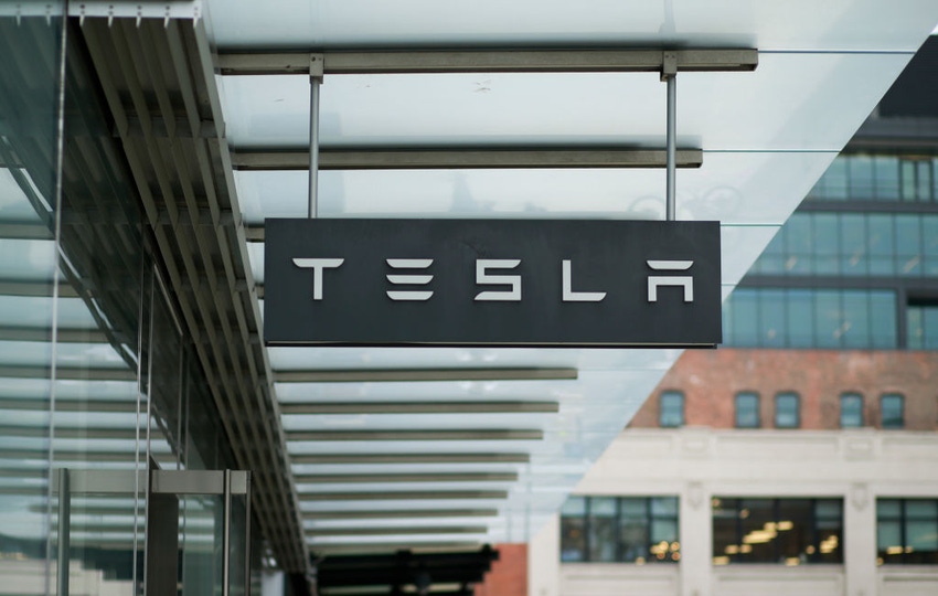 Image shows exterior view of a Tesla showroom on April 26, 2022 in New York City.