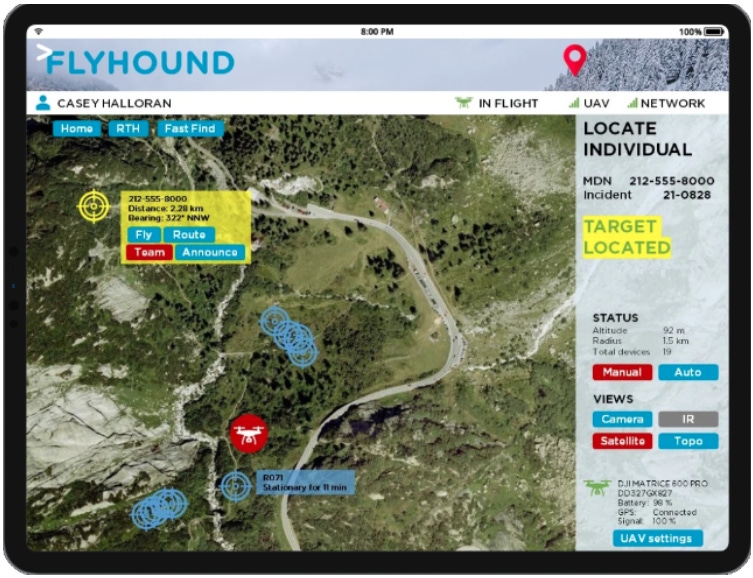 Patented Flyhound drone module over a map showing how it helps rescuers track cellular signals
