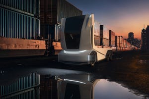 Image shows Einride's Autonomous freight trucks with no driver’s cabin