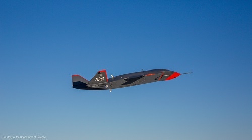 Image shows The newly-named MQ-28A during the second test flight series at Woomera Range Complex in South Australia.