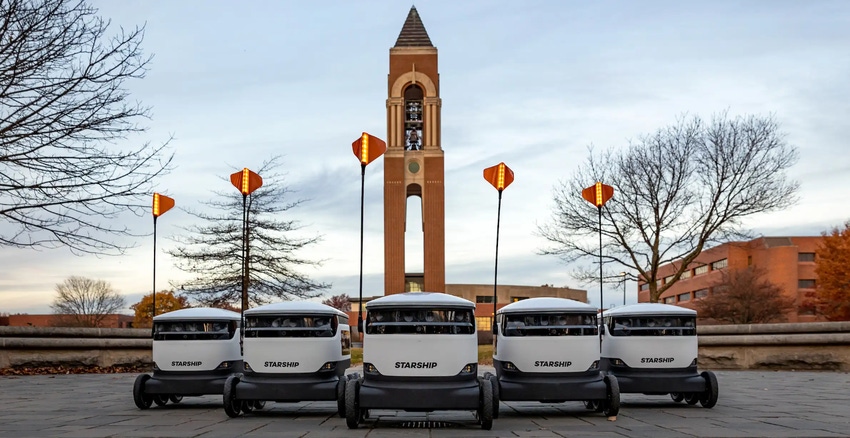 Image shows Starship TEchnologies delivery robots on the campus at Ball State University. Image shows Starship TEchnologies delivery robots on the campus at Ball State University.