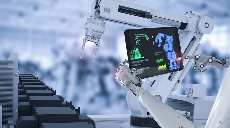 3d rendering cyborg control robot assembly line in car factory 3d rendering cyborg control robot assembly line in car factory
