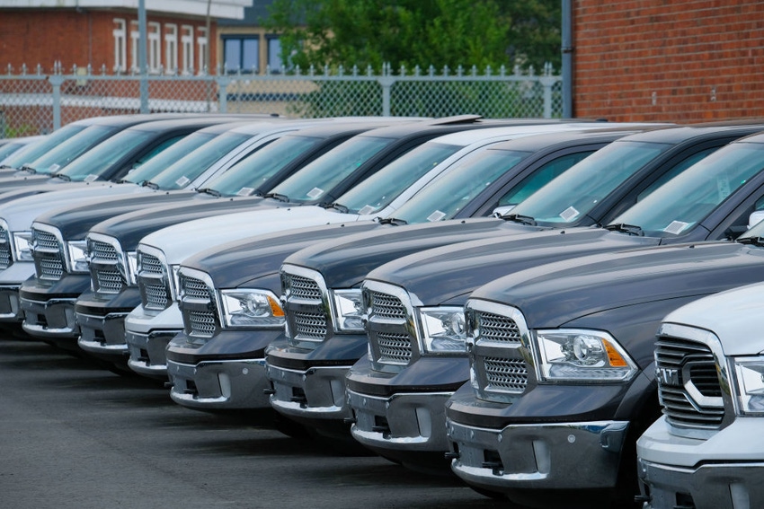 US Dodge RAM pick up cars wait to be shipped at the harbour in Bremerhaven, nothern Germany, on June 1, 2018.