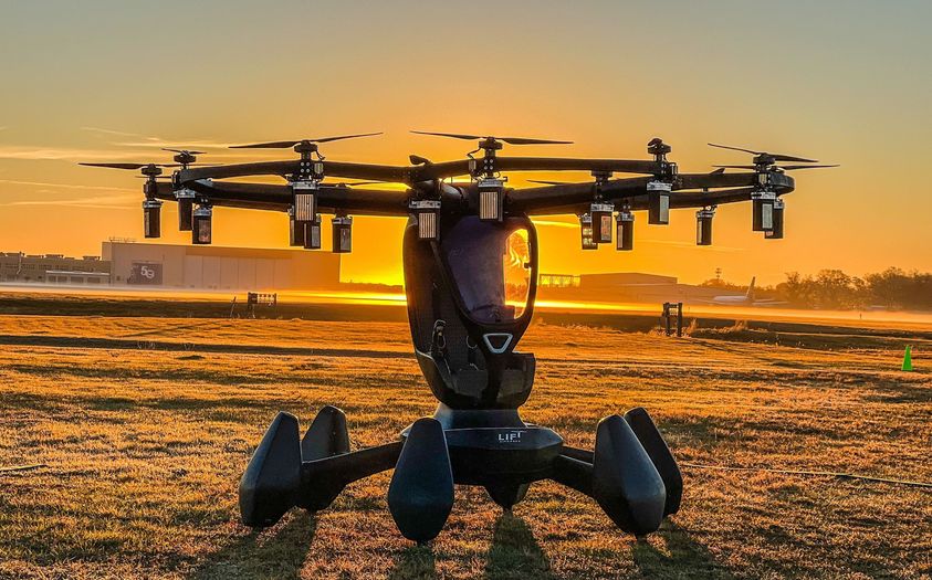 The Lift Hexa eVTOL (electric vertical takeoff and landing vehicle) at sunset.