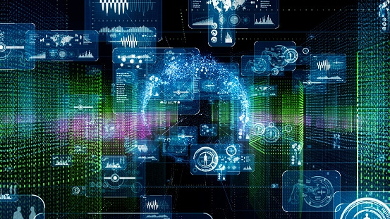 Image shows city and technology computer graphics. Image shows city and technology computer graphics.