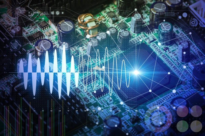 Image shows electronic circuit board and digital information technology concept.