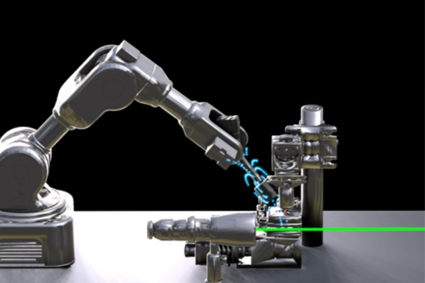 A robotic arm wielding a permanent magnet is used to navigate optomechanical assemblies