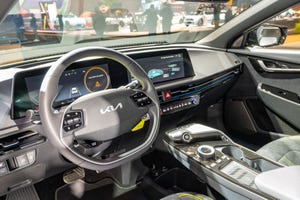 KIA EV6 GT battery electric compact crossover SUV interior on display at Brussels Expo on January 13, 2023 in Brussels, Belgium