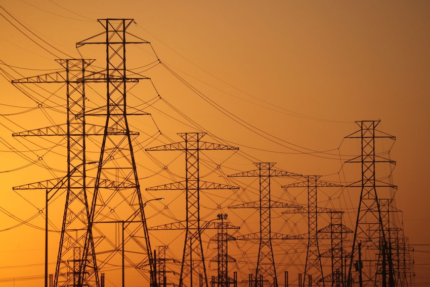 A view of high voltage transmission towers in Houston, Texas.