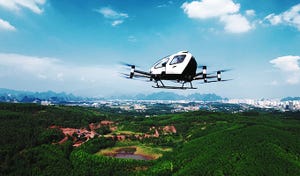 EHang Holding's eVTOL (electric vertical takeoff and landing) passenger vehicle in the sky. 