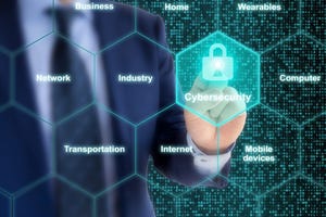 Security expert presses glowing padlock in a hexagon IOT grid cybersecurity concept illustration