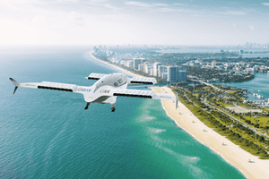 A Lilium jet with the UrbanLink logo flies over the Florida coast.