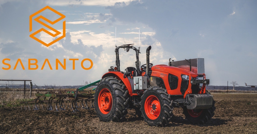 Image shows a tractor and the logo for Sabanto which manufactures an “aftermarket autonomy system” that can be installed 