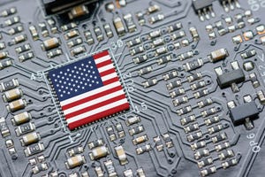 An image of the US flag on a computer chip.