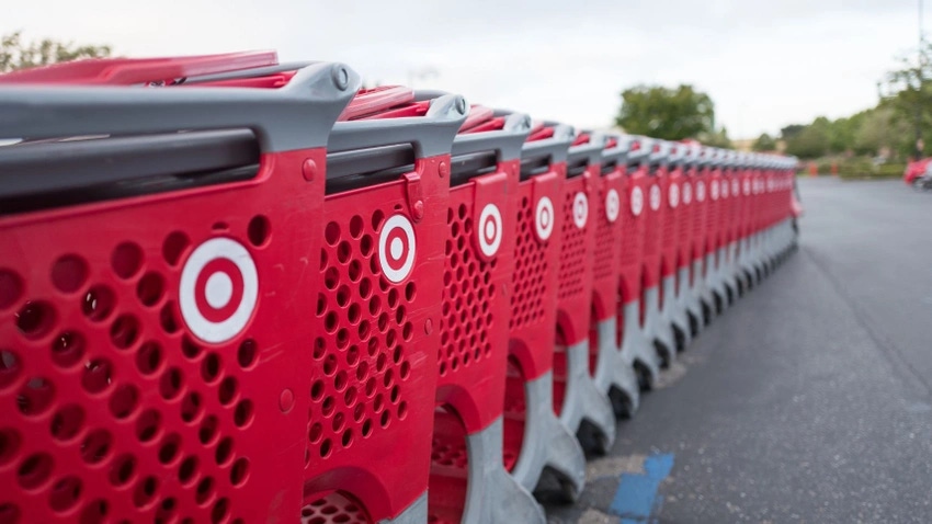 A row of linked Target shopping carts
