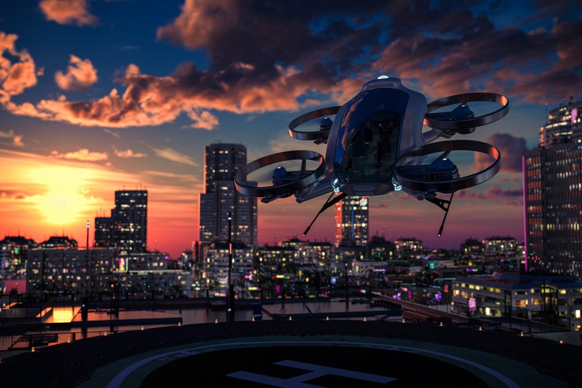 Image shows an eVTOL ready to land on the roof tarmac