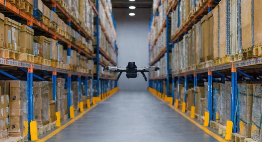 Ericsson's drone flying in a factory