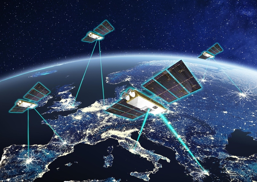 An illustration of satellites beaming information to Earth from space. 