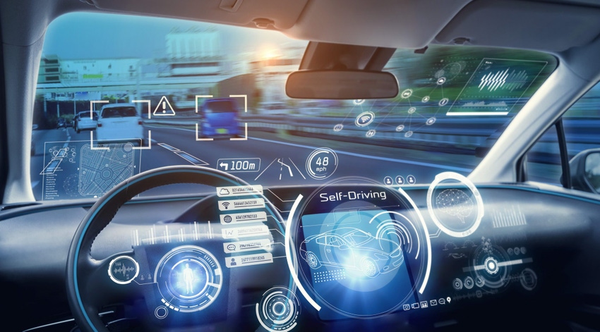 Image shows the cockpit of futuristic autonomous car.