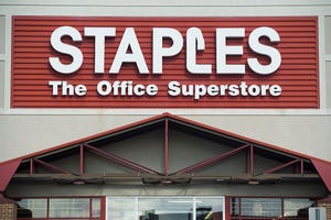 A Staples office supply store is seen in Springfield, Virginia.