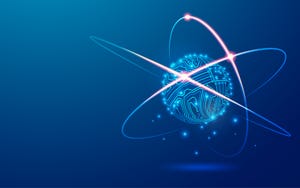 A CGI image of an atomic nucleus with circulating electrons