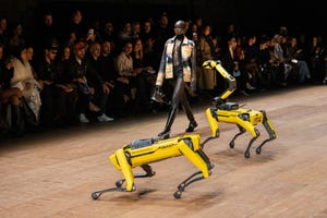 Boston Dynamics' Spot the robot dog on the runway during the Coperni show at Paris Fashion Week