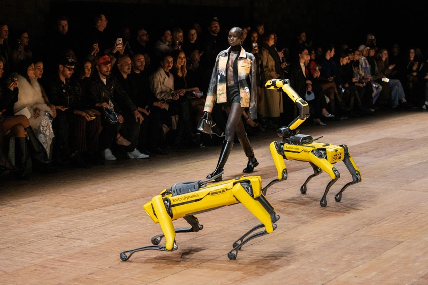 Boston Dynamics' Spot the robot dog on the runway during the Coperni show at Paris Fashion Week