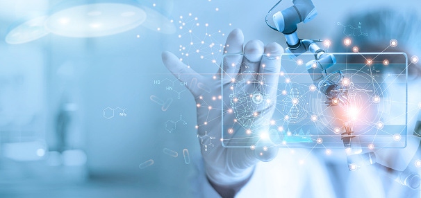 Image shows a doctor and medical assistant robot analysis and testing result of DNA on modern virtual interface, science and 