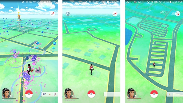 At left is a screenshot of Pokèmon Go from my hotel room in San Francisco. The center screenshot is near my house, while the