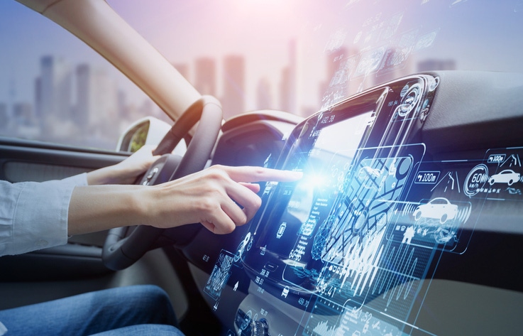 futuristic vehicle and graphical user interface(GUI). intelligent car. connected car. Internet of Things. Heads up display(HU