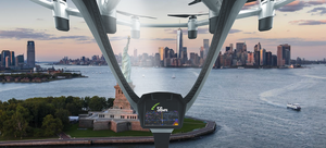 A view from inside the cockpit of Lift Aircraft's Hexa EAV over the Statue of Liberty in New York.