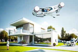  CycloTech's air car called CruiseUp hovers above a house.
