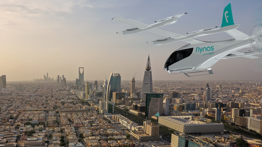 A Flynas eVTOL vehicle from Eve Air Mobility shown in the sky.