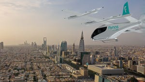 A Flynas eVTOL vehicle from Eve Air Mobility shown in the sky.