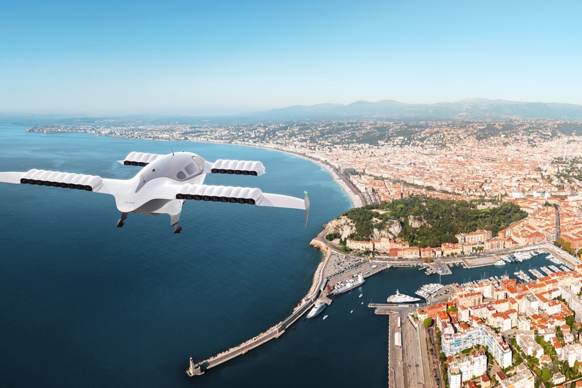A Lilium jet flies over the French Riviera 