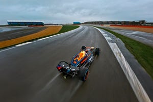 Max Verstappen of the Netherlands seen from the Red Bull Drone 1 in Silverstone, Great Britain 