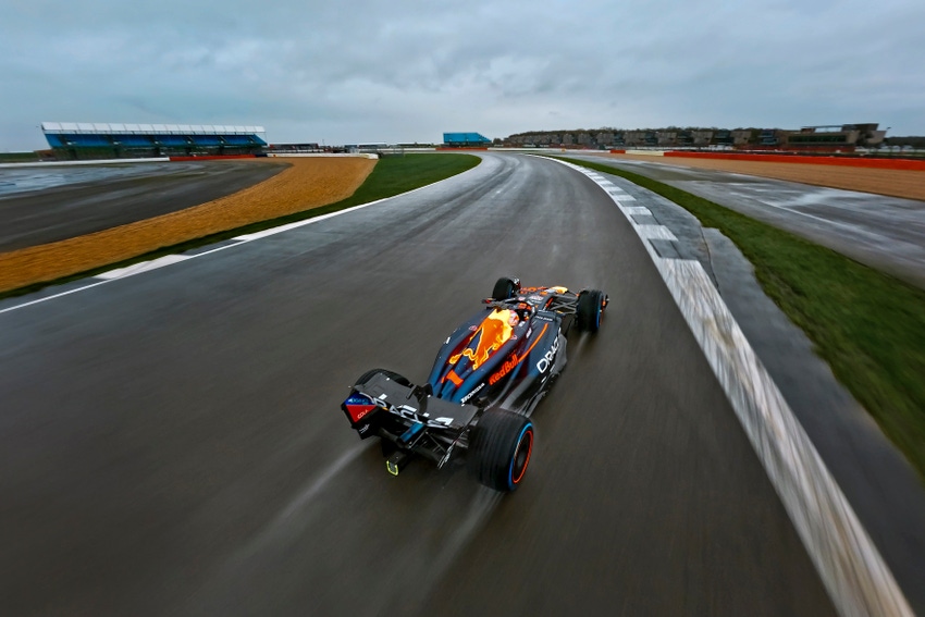 Max Verstappen of the Netherlands seen from the Red Bull Drone 1 in Silverstone, Great Britain 
