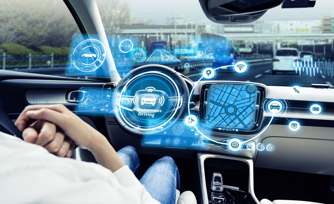 Image shows a cockpit of driverless vehicle Image shows a cockpit of driverless vehicle