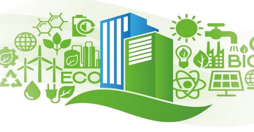 Graphic of buildings with green technology symbols