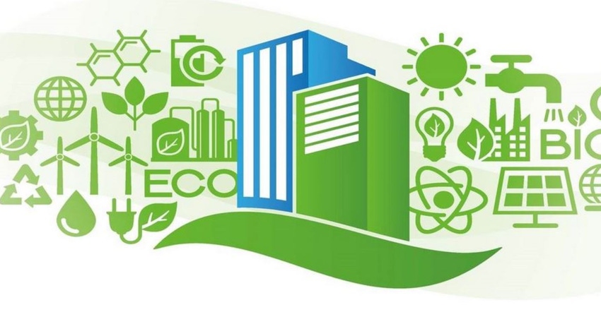 Graphic of buildings with green technology symbols Graphic of buildings with green technology symbols
