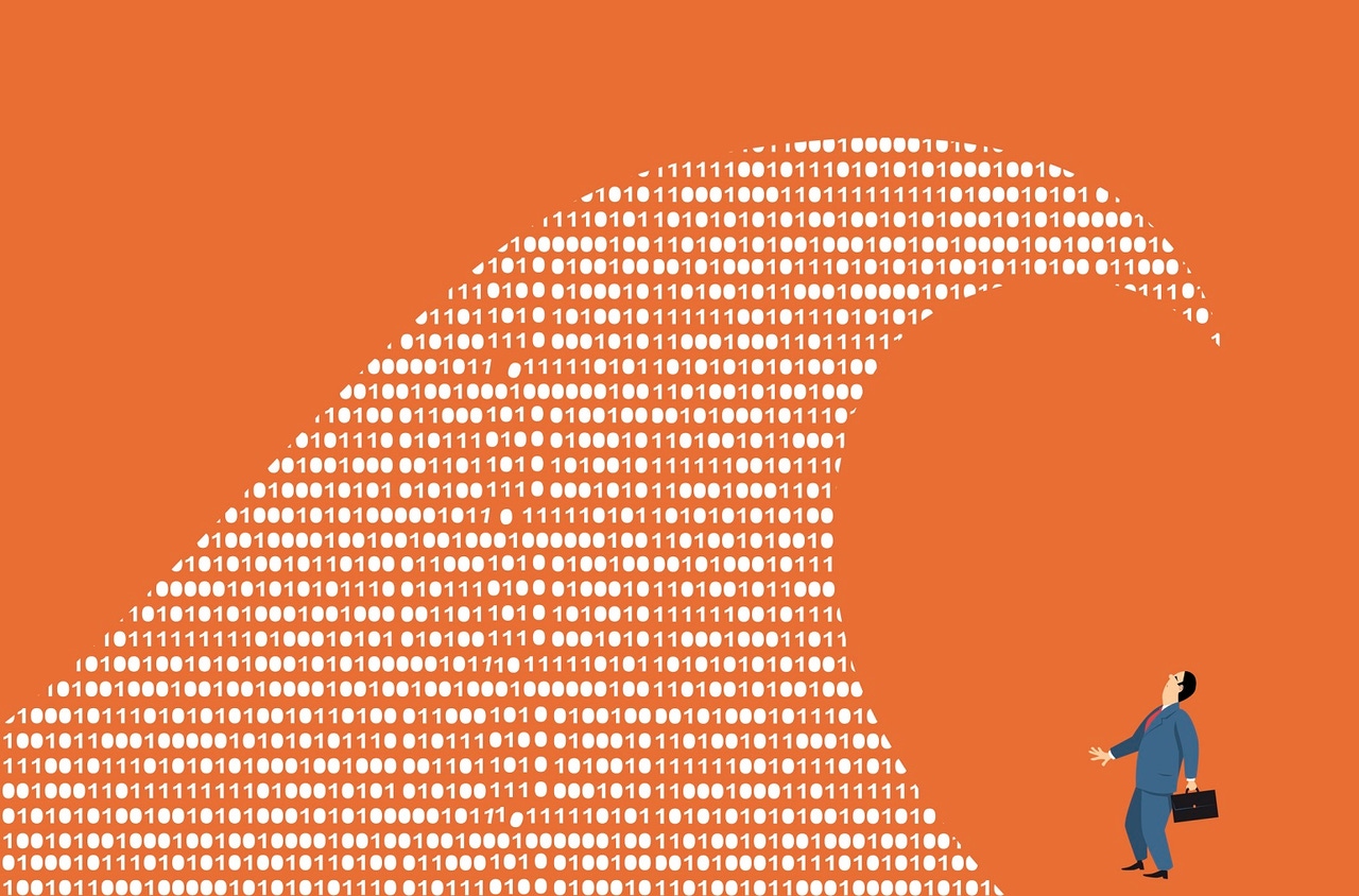 Ilustration of digital wave about to wash over map with a briefcase Ilustration of digital wave about to wash over map with a briefcase