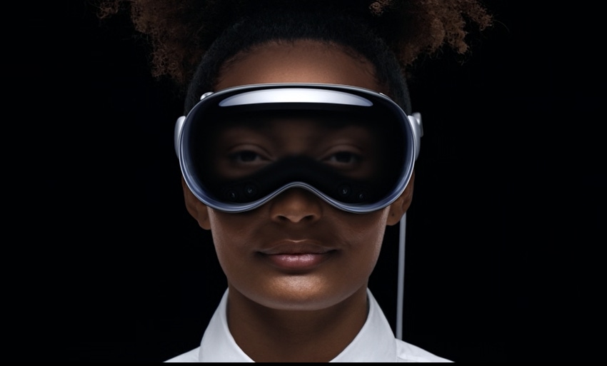 Image shows a woman wearing the Apple Vision Pro AR headset