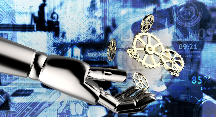 Industrial internet of things , industry 4.0 , artificial intelligence and deep learning concept. Robot hand holding gears wi Industrial internet of things , industry 4.0 , artificial intelligence and deep learning concept. Robot hand holding gears wi