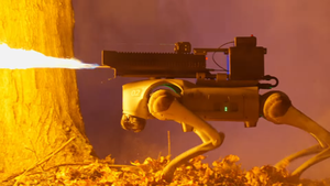A still of the Thermonator robot shooting flames