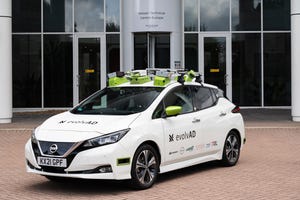 An electric Nissan Leaf car fitted with the company’s autonomous drive tech