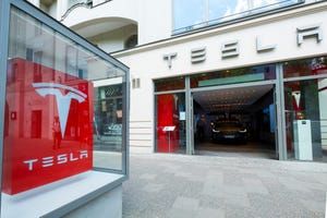 Image shows a Tesla electric car showroom on Kurfurstendamm shopping street in Charlottenburg Berlin, Germany