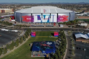 Image shows an aerial view of State Farm Stadium in Glendale, Arizona, home of Super Bowl LVII